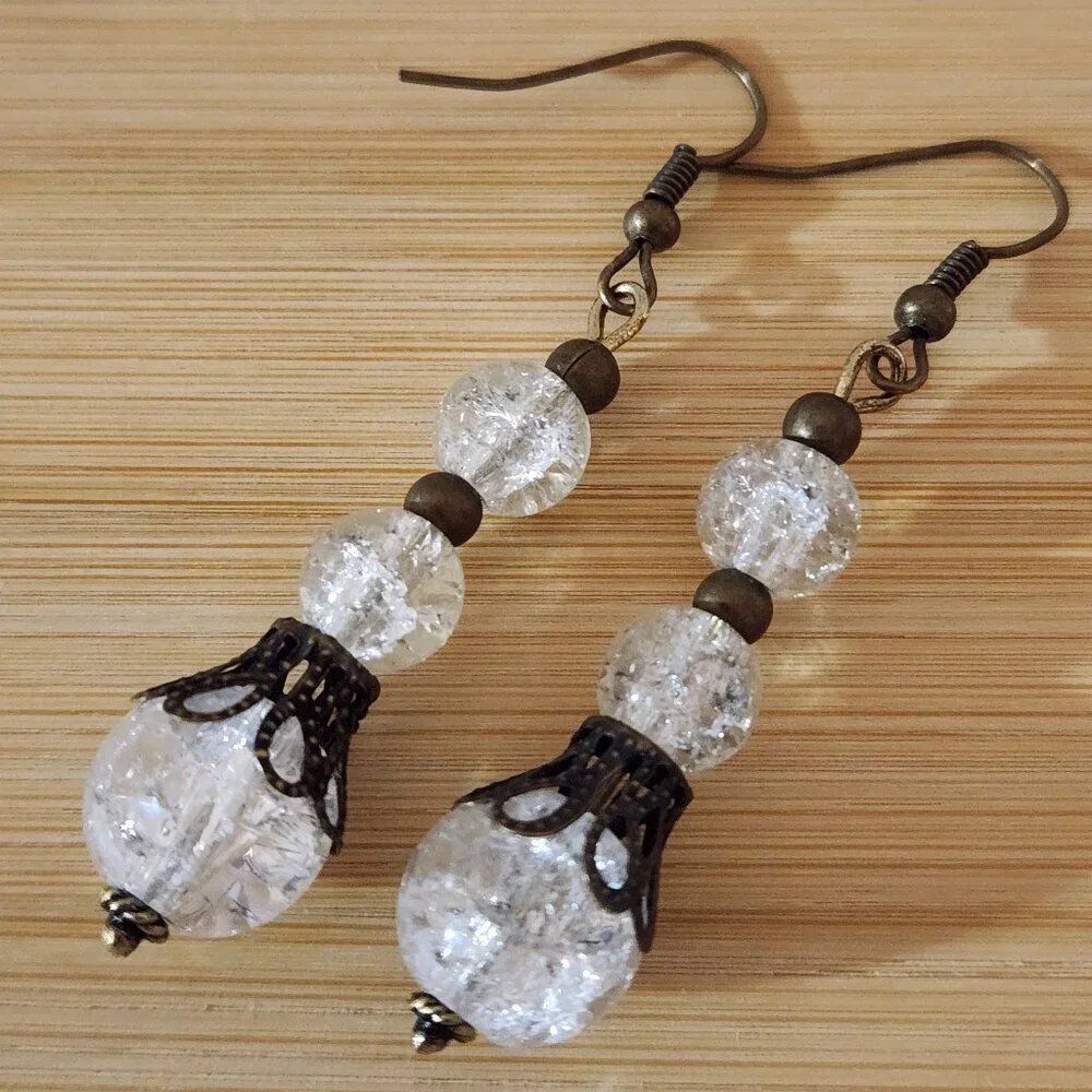 Hand Crafted Earrings Pierced Clear Bronze Beaded Dangle